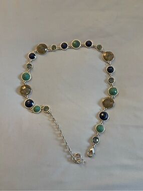 Multi-Stone Silver Necklace with Blue, Green, and Gray Gemstones